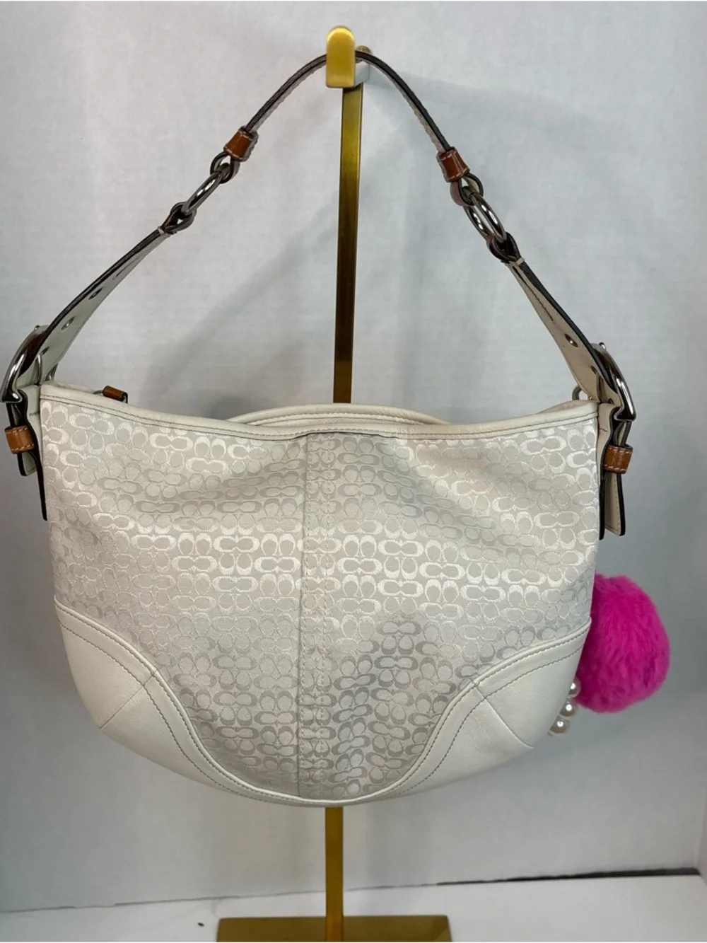 Vintage Coach Signature Soho Hobo Shoulder Bag White Jacquard Brown Leather - Picture 11 of 15